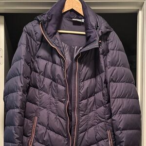 Athleta Responsible Downie-ville Jacket Navy color with Rose Gold Trim